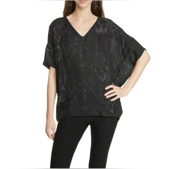 Eileen Fisher Black & White Marrakesh Printed Silk Tencel V-neck Blouse Size S - Picture 2 of 13